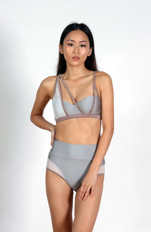 blue and white pole wear set with strappy lilac details